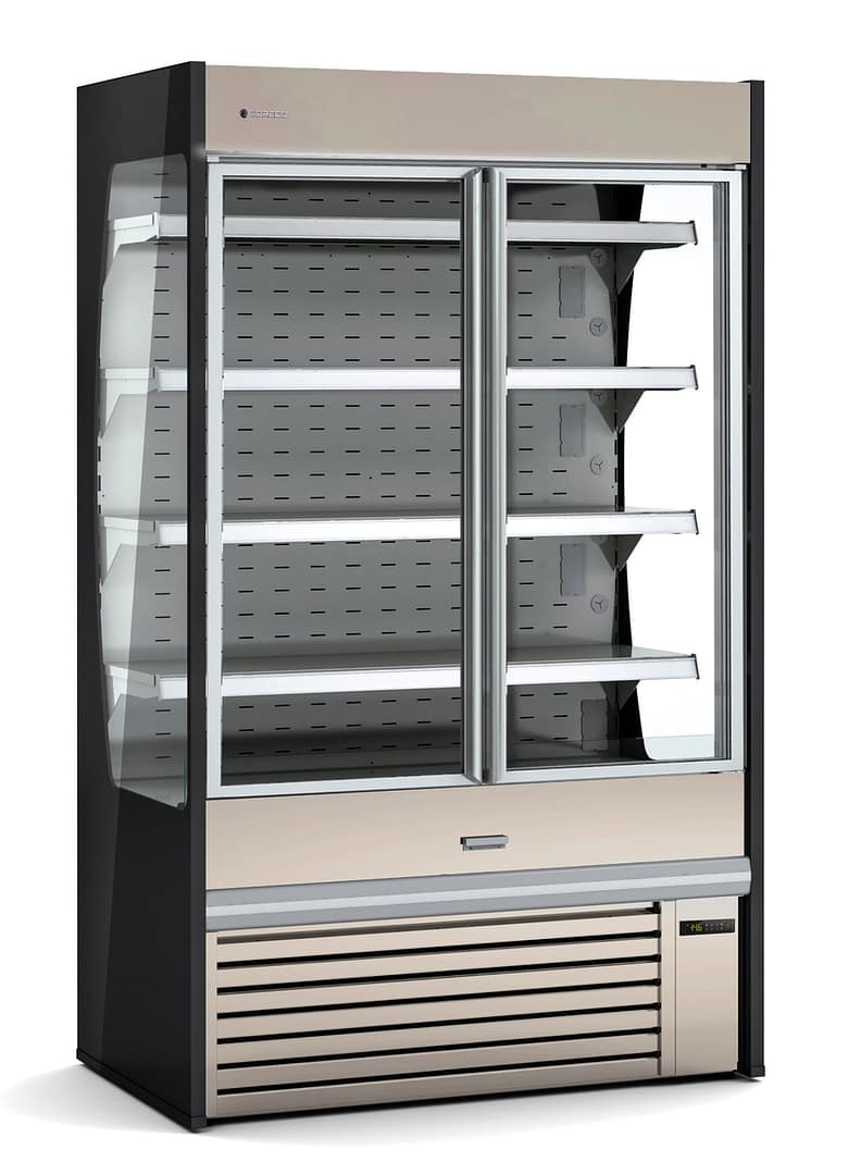 La vitrina exhibidora vertical está equipada con puertas de doble cristal templado para una mayor eficiencia energética. Con su iluminación LED de 6500 K, opción de luz cálida o ROSA al mismo precio